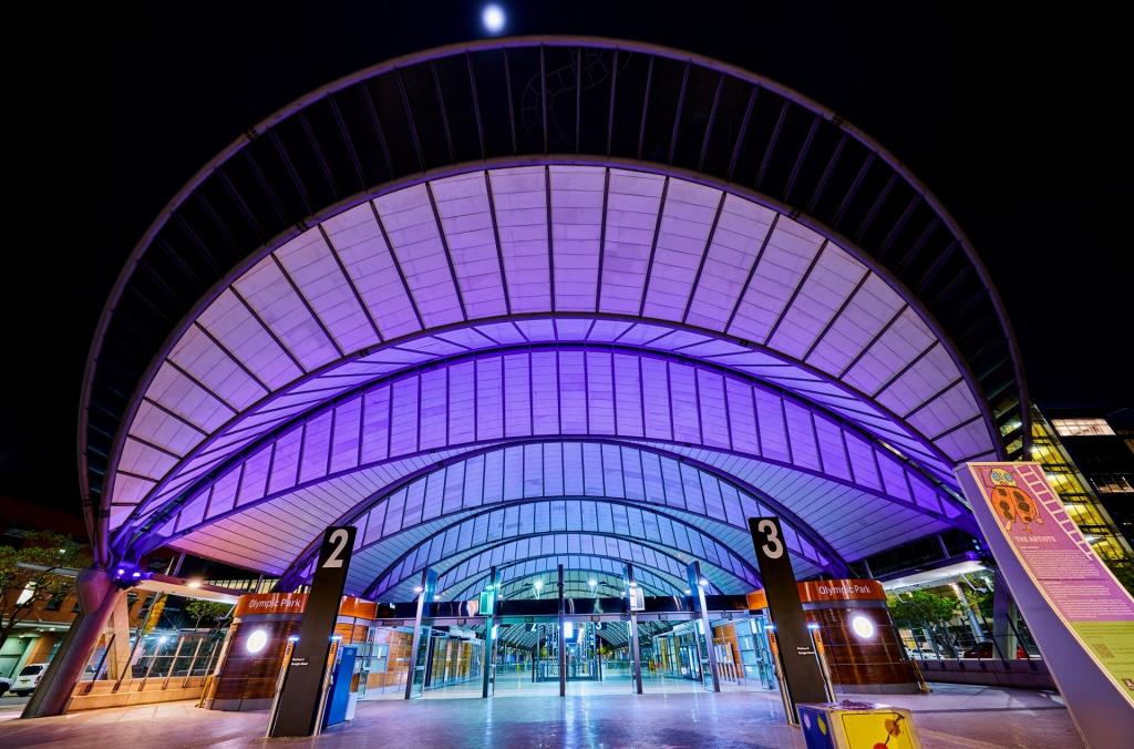 Olympic Park train station illumination in magenta